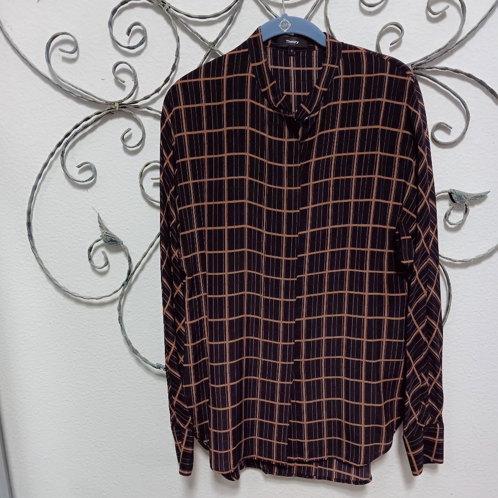 THEORY Perfect Dolman 100% silk  York Plaid silk top, S
